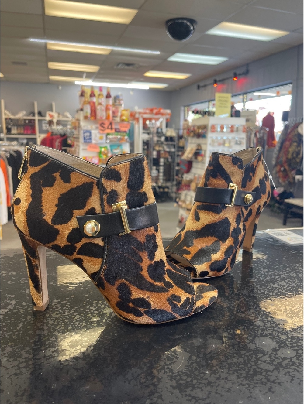 Louise et Cie Leopard Print Peep Toe Booties with Gold Accent
